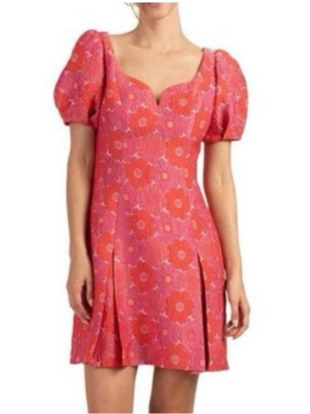 Trina Turk Coral Pink Floral Puff-Sleeve Mini Dress